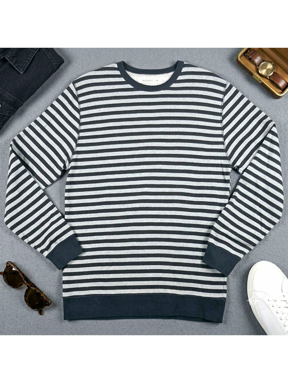 Old Navy Mens Striped French Terry Crewneck Sweatshirt Grey Black M Pullover